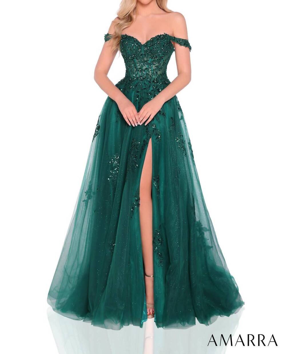 NEW AMARRA off-shoulder sequin-print prom dress in emerald